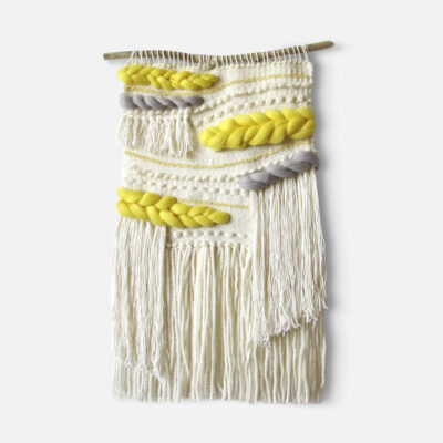 Bohemian light beige and sunny yellow woven tapestry with long fringes