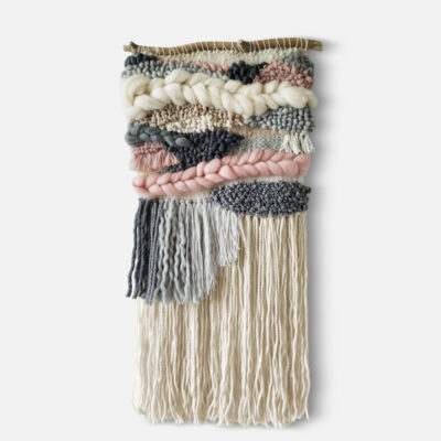 Beige, grey and light pink woven wall hanging with long tassels