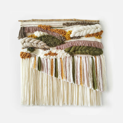 Boho olive green, warm beige and yellow woven tapestry with tassels.