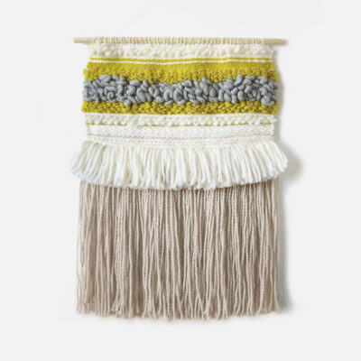 Beige and sunny yellow woven tapestry with long and short fringes