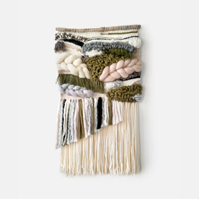 Light beige and olive green woven wall hanging with long tassels