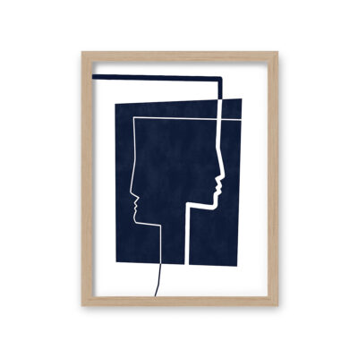 Modern poster of white line abstract faces on a dark blue background